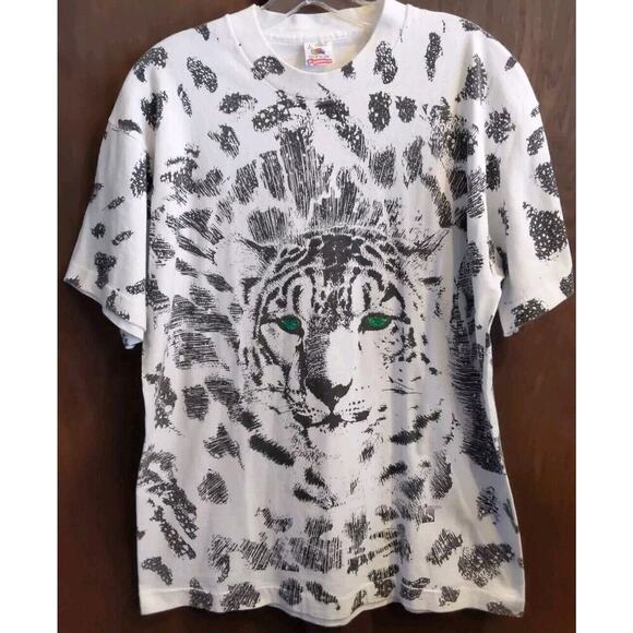 Vintage Single Stitch Glitter green eyes Tiger T Shirt Large All Over Print USA - Picture 1 of 6